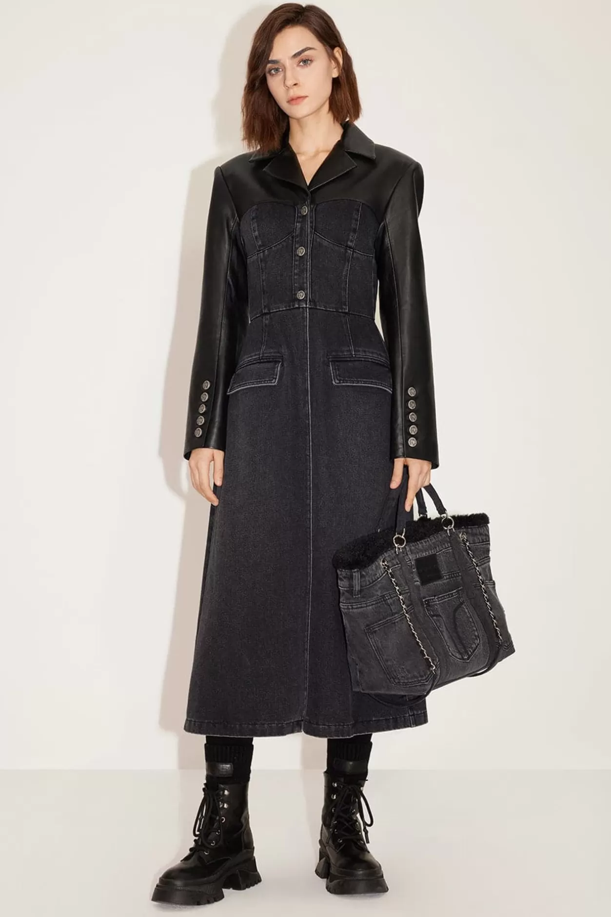 Miss Sixty Stylish Mid-Length High-End Denim Patchwork Leather Coat Black Hot