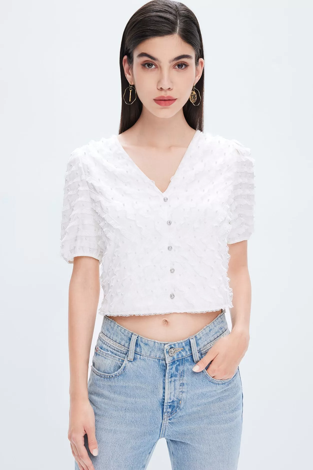 Miss Sixty The Beige Chiffon Short Sleeves V-Neck Shirt Off White Clearance