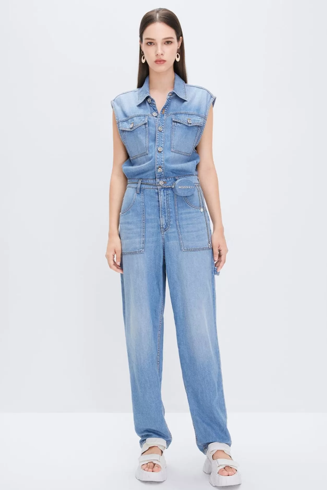 Miss Sixty Thin Denim Jumpsuit Light Blue Discount