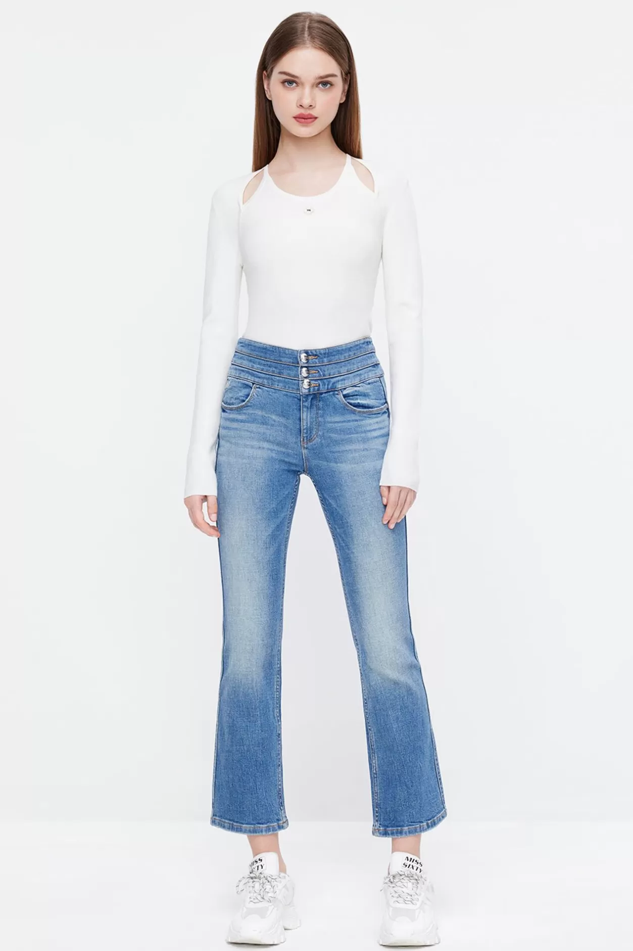 Miss Sixty Three Ring High Waist Slim Fit White Flared Jeans Middle Blue Fashion