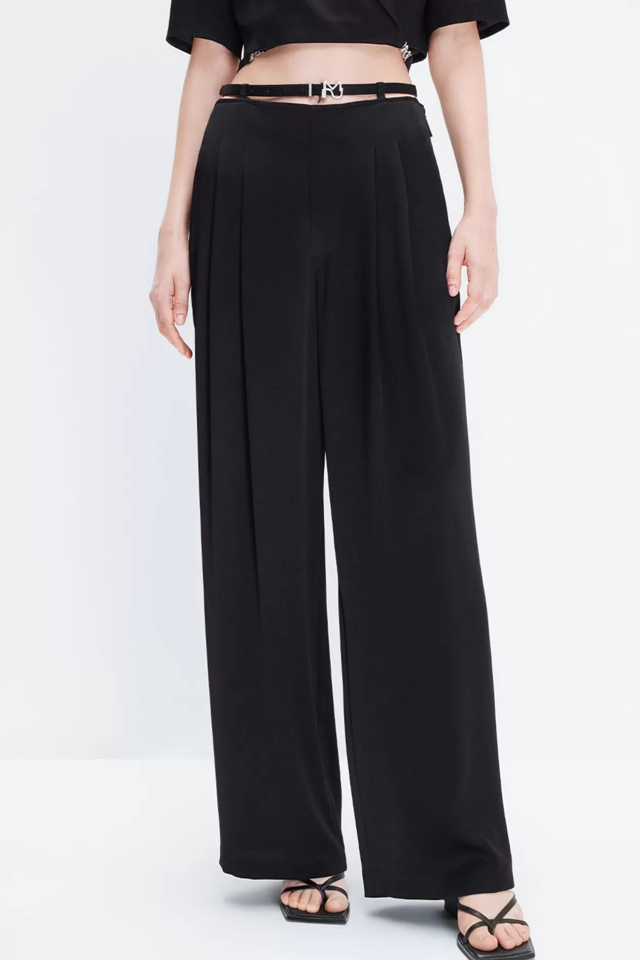 Miss Sixty Triacetate Cutout Drape Wide-Leg Pants Black Clearance