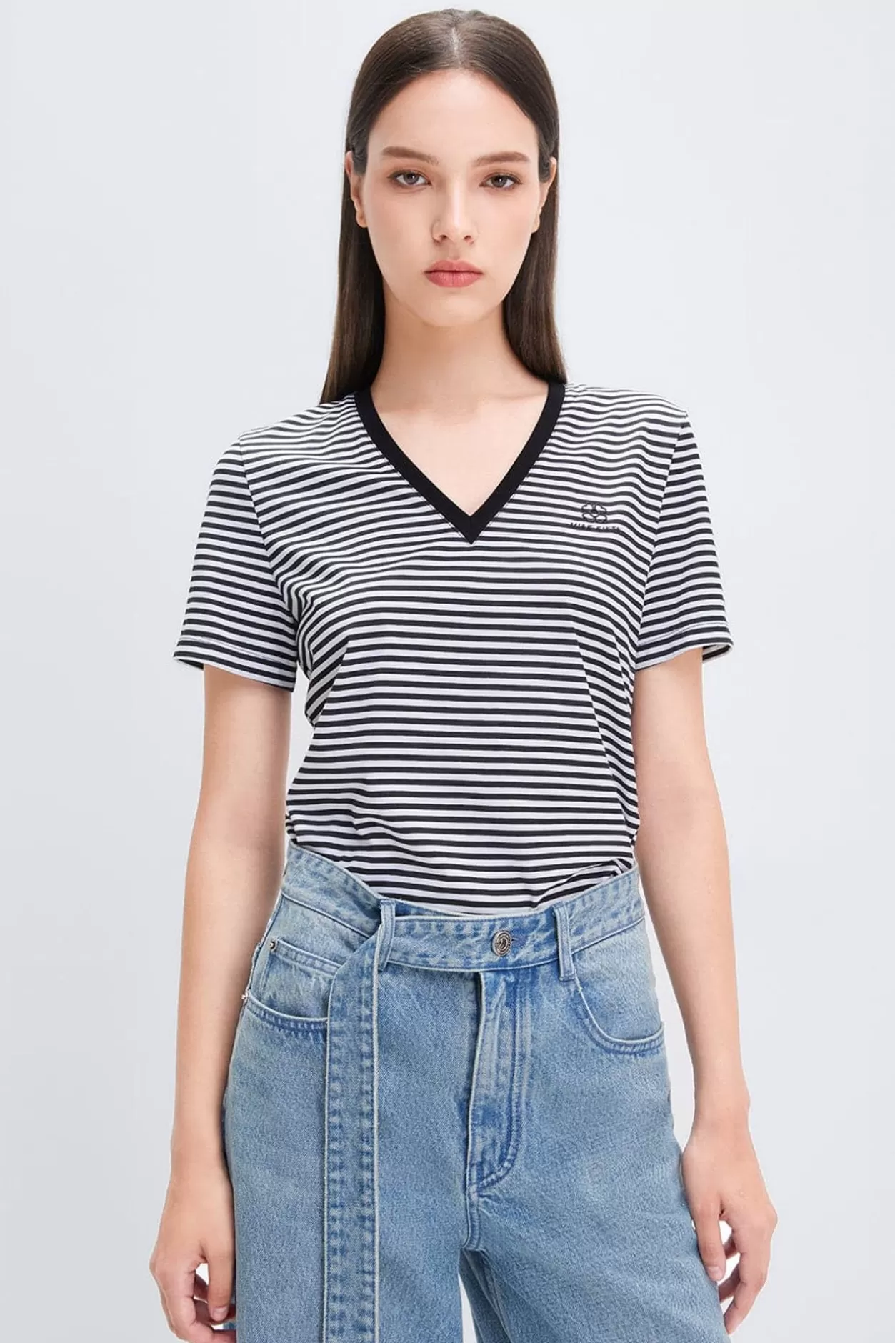 Miss Sixty V-Neck Black And White Striped T-Shirt White/Black Cheap