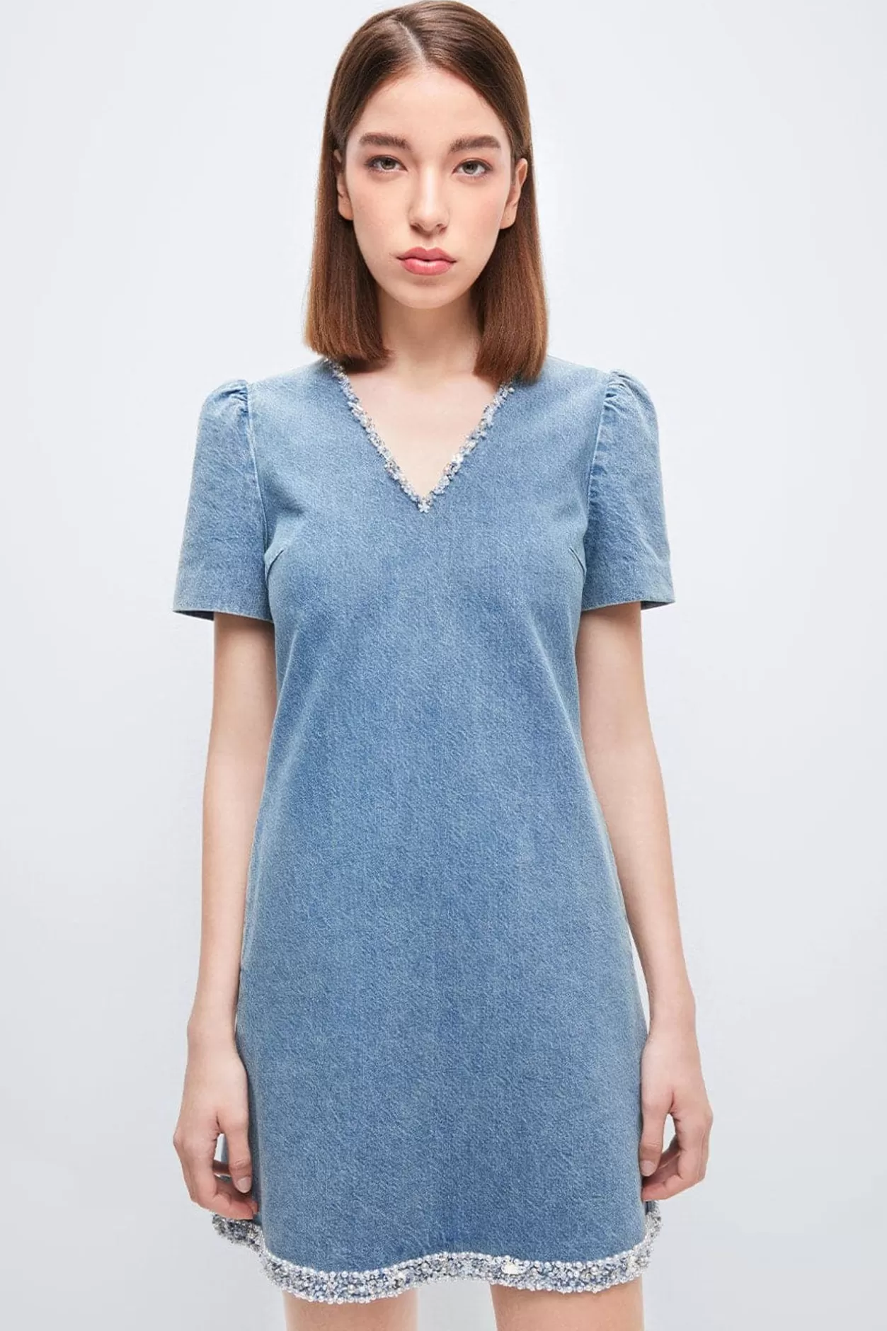 Miss Sixty V-Neck Indigo Short Sleeves Dress Middle Blue Hot