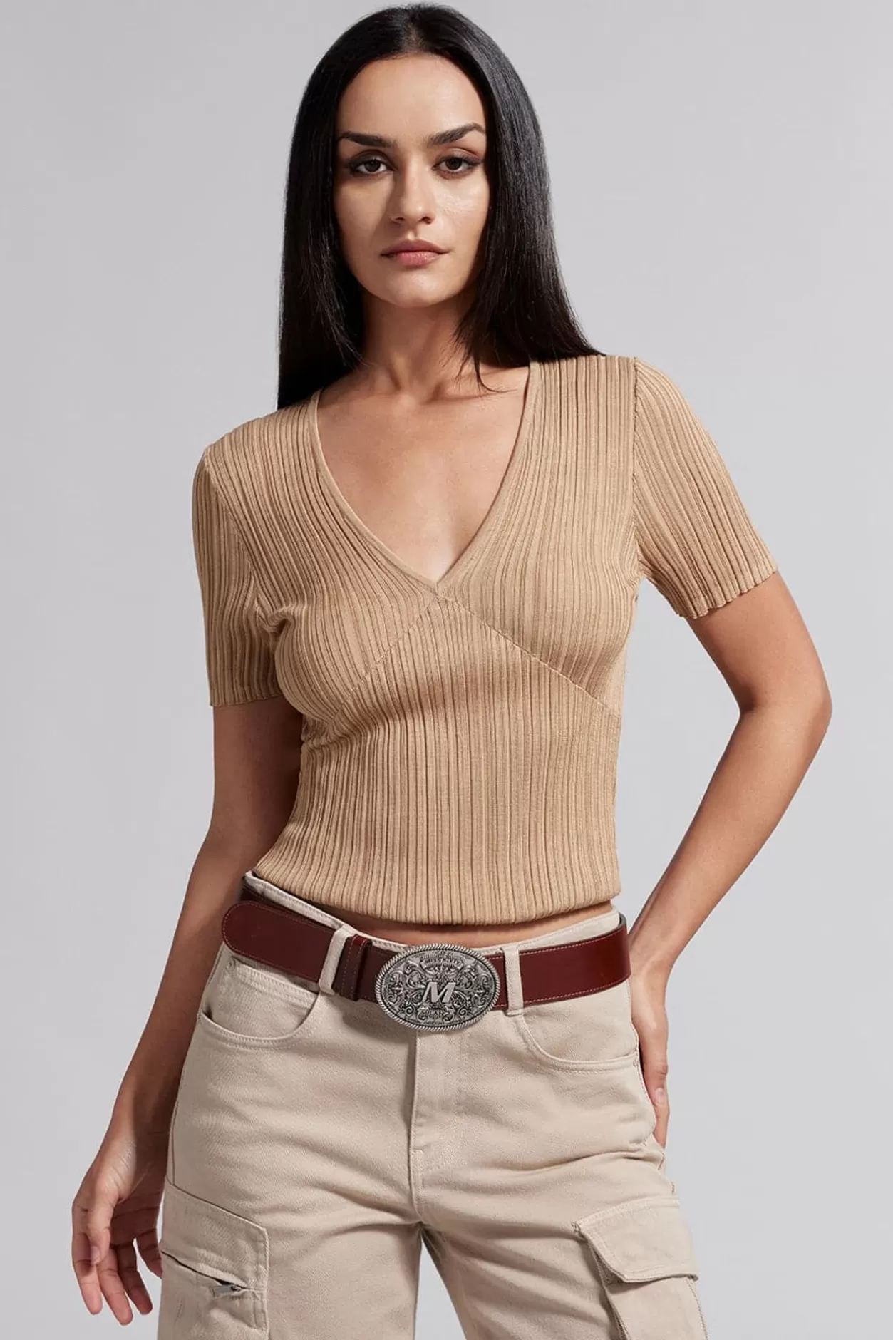 Miss Sixty V-Neck Knit Top With Mulberry Silk Clearance