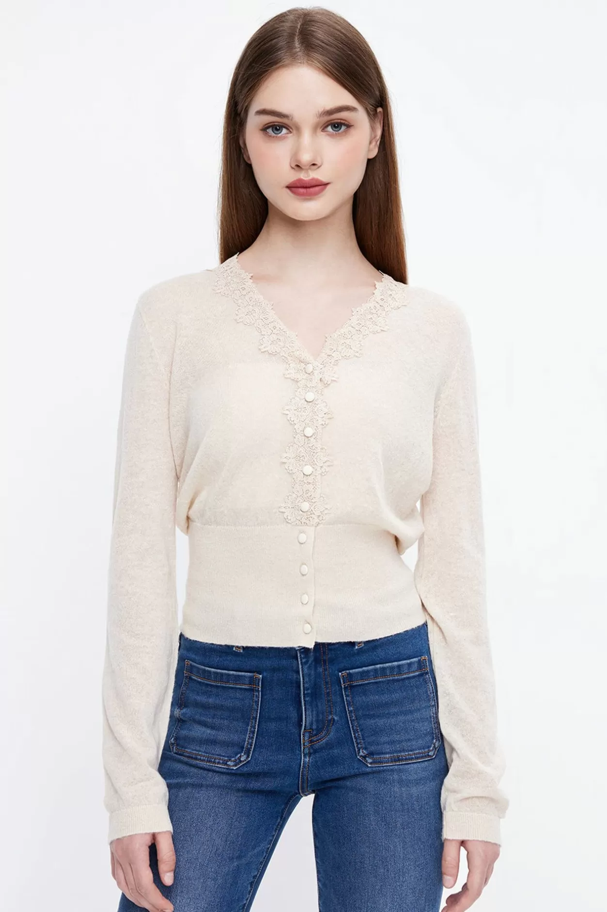 Miss Sixty V-Neck Lace Slim Fit Wool Blend Knit Top Discount