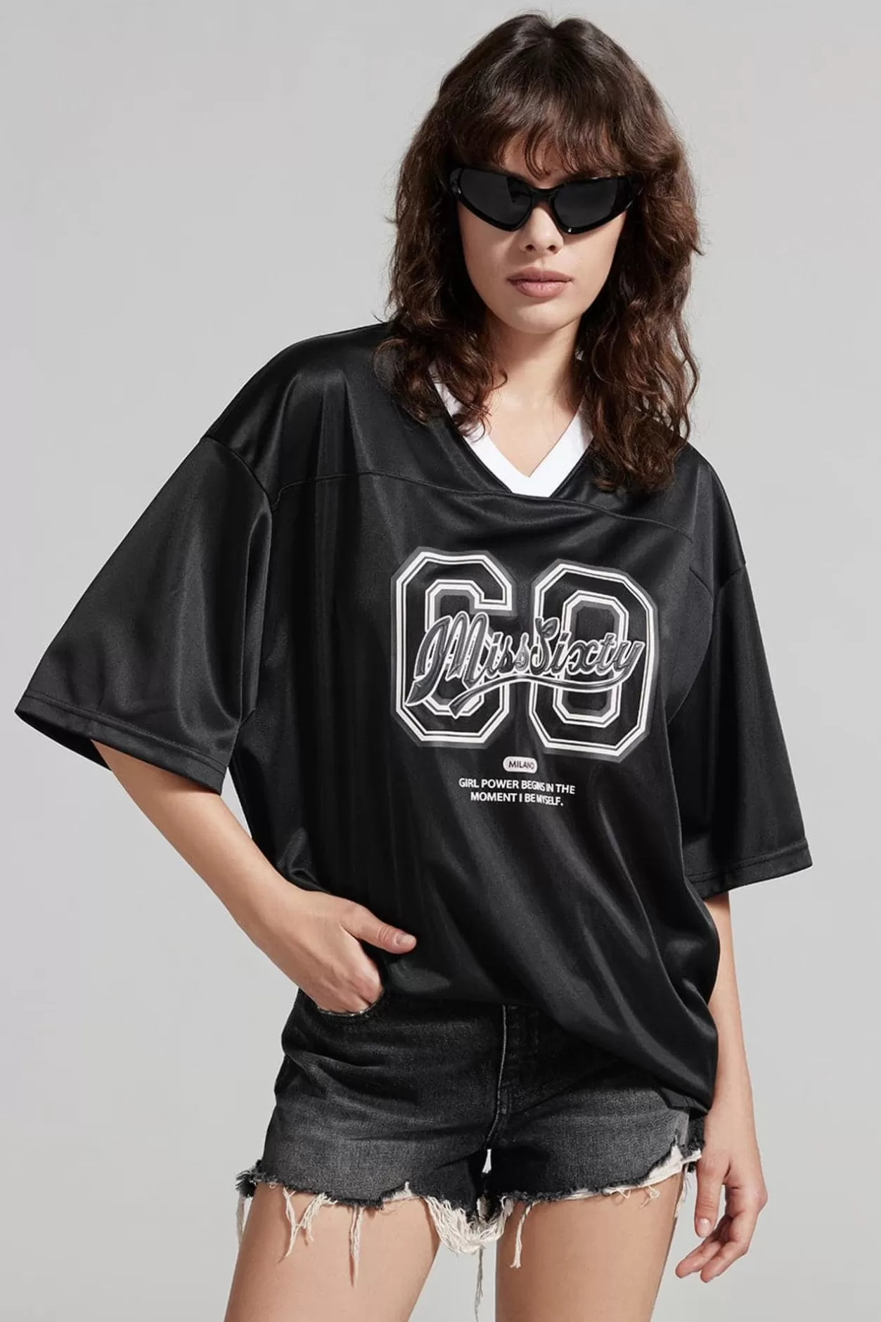 Miss Sixty V-Neck Printed Sporty T-Shirt Black New