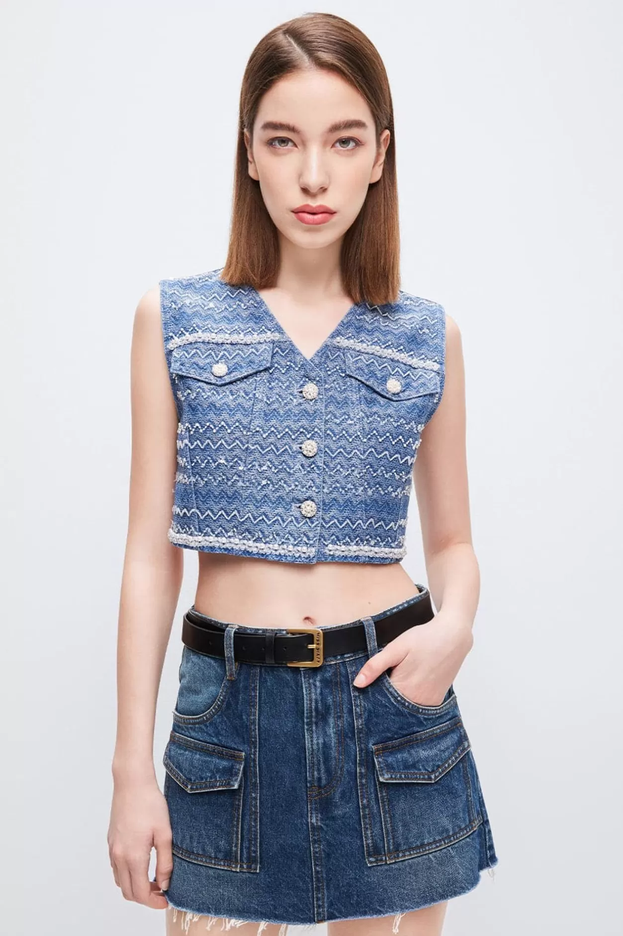 Miss Sixty V-Neck Short-Length Jacquard Denim Vest Deep Blue Online