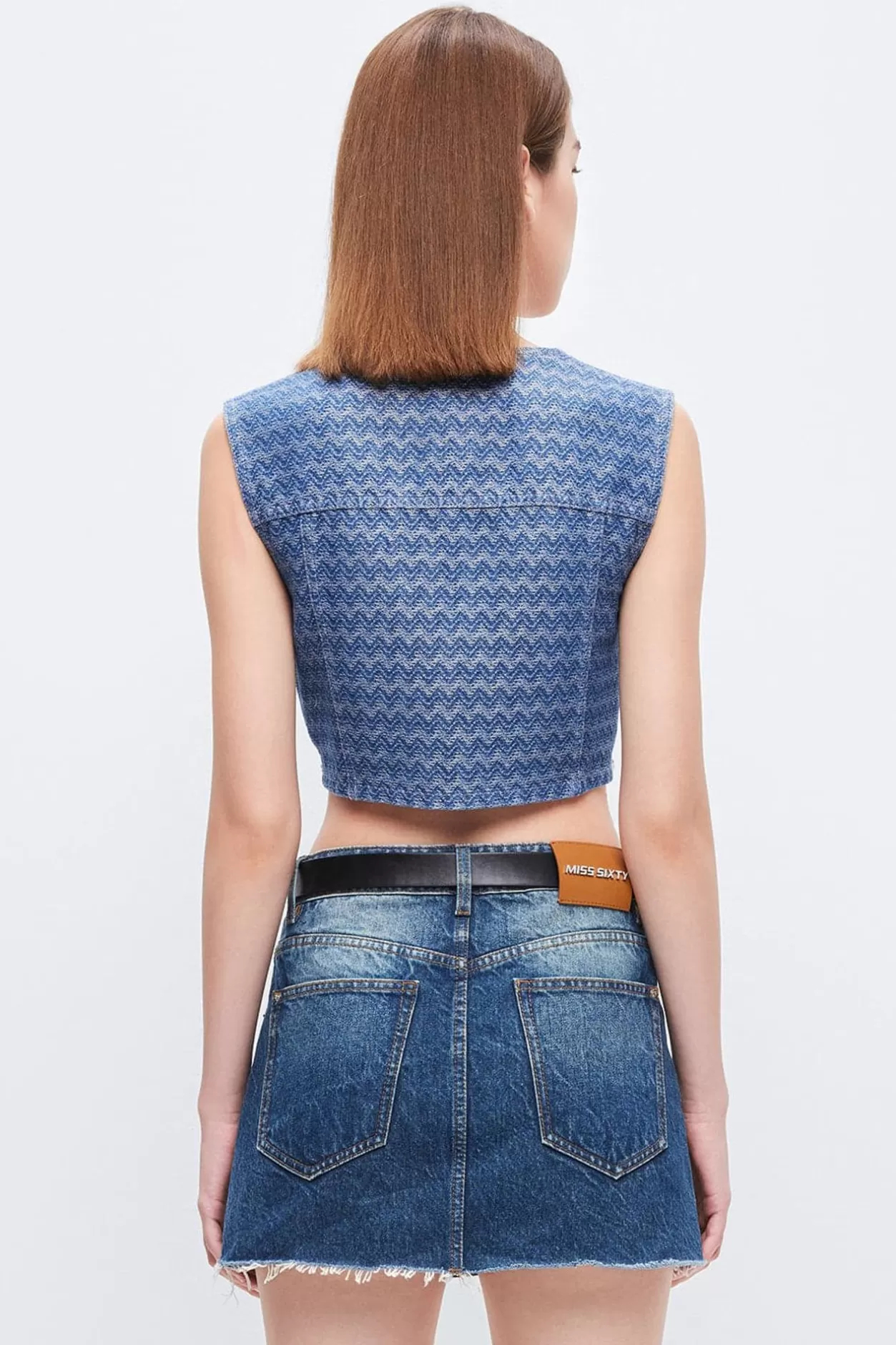 Miss Sixty V-Neck Short-Length Jacquard Denim Vest Deep Blue Online