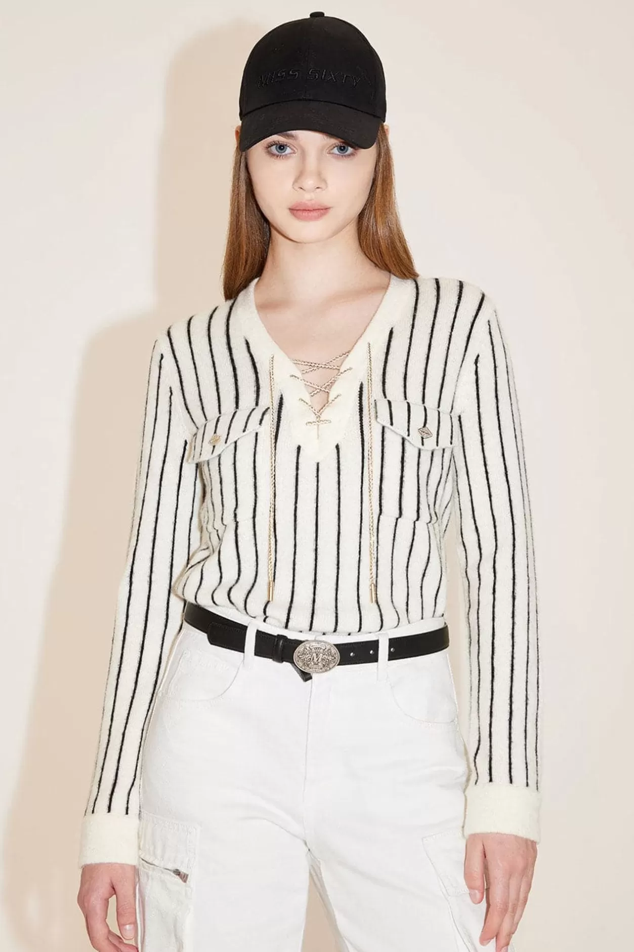 Miss Sixty V-Neck Stripped Wool Knitted Cardigan White/Black Store