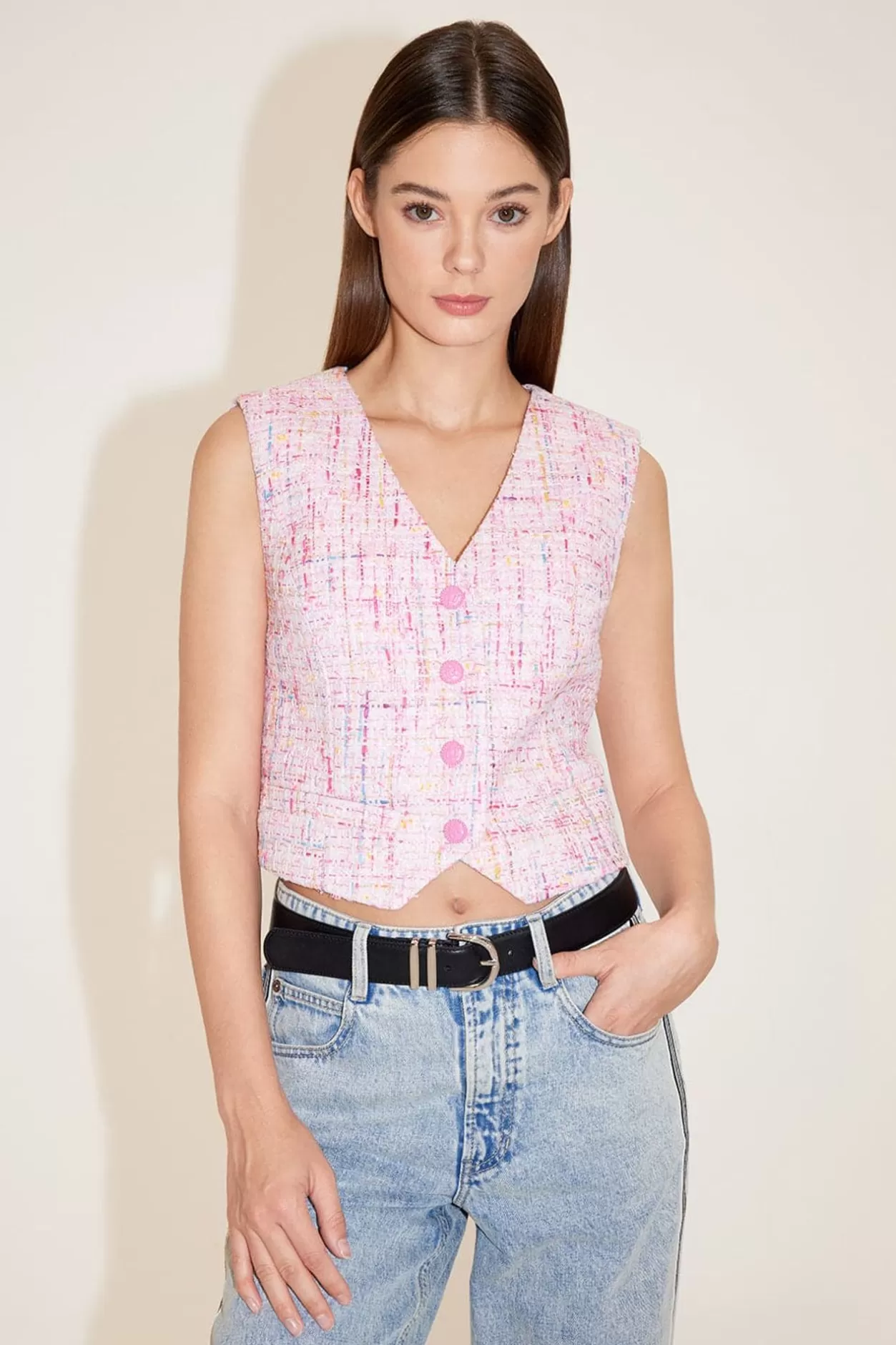 Miss Sixty V-Neck Stylish Tweed Vest Pink Online