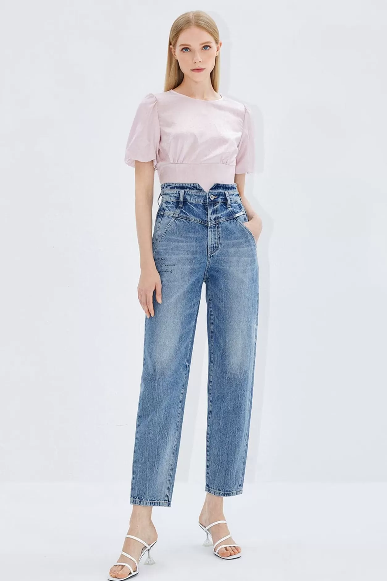 Miss Sixty V-Shape High Waist Denim Jeans With Print Light Blue Clearance