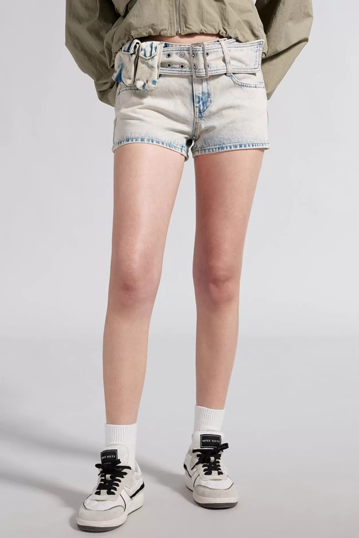 Miss Sixty Wide Belted Low Rise Denim Shorts Light Grey Blue Online