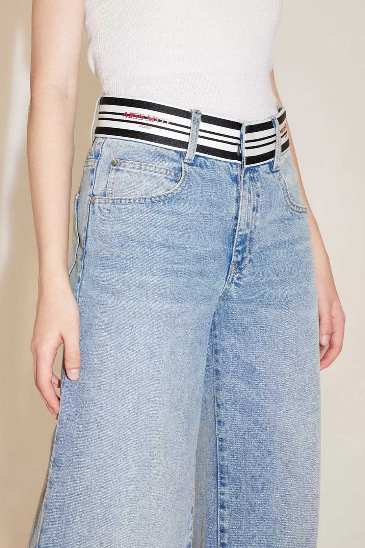 Miss Sixty Wide-Leg Flared Jeans With Striped Waistband Middle Blue Shop