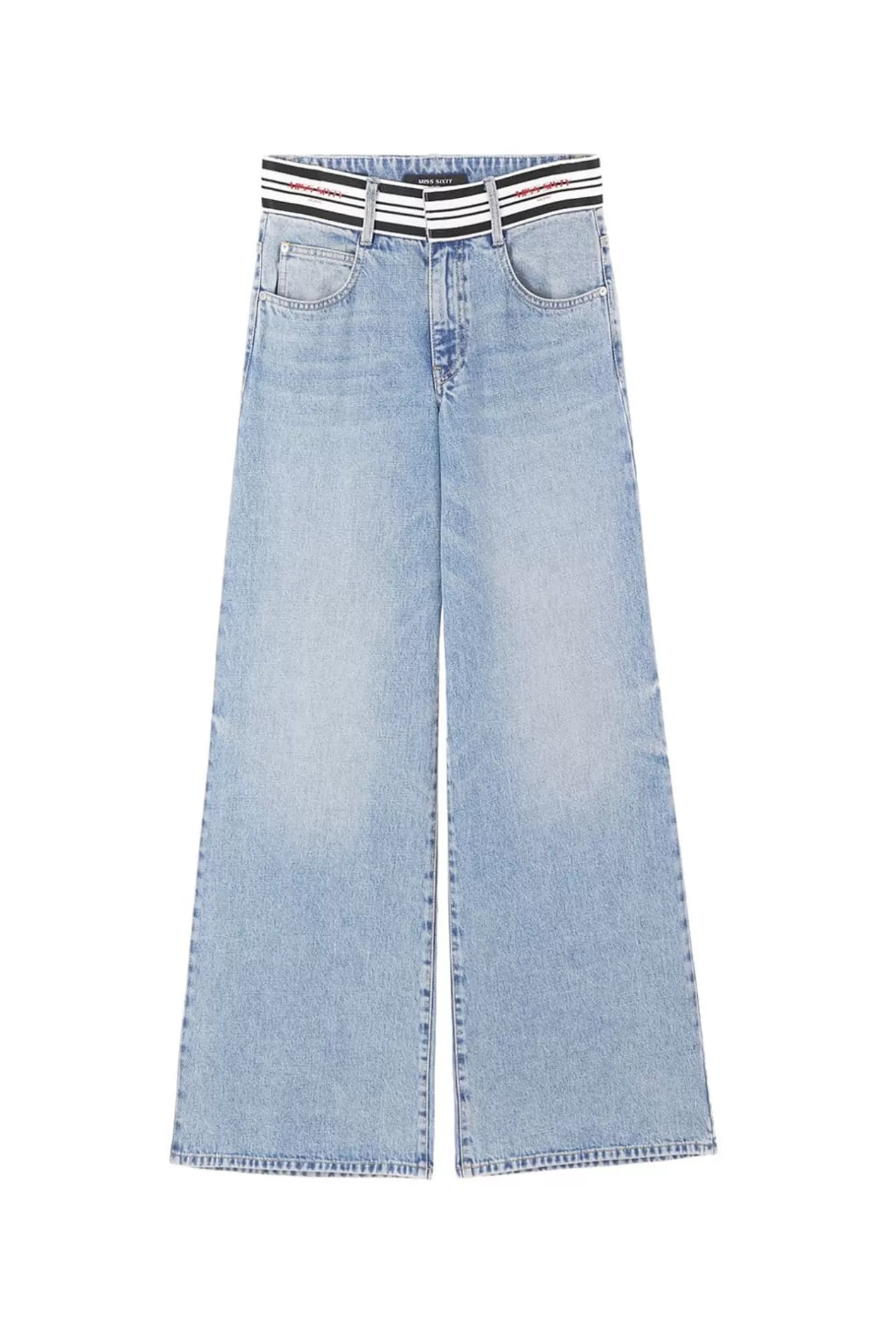 Miss Sixty Wide-Leg Flared Jeans With Striped Waistband Middle Blue Shop