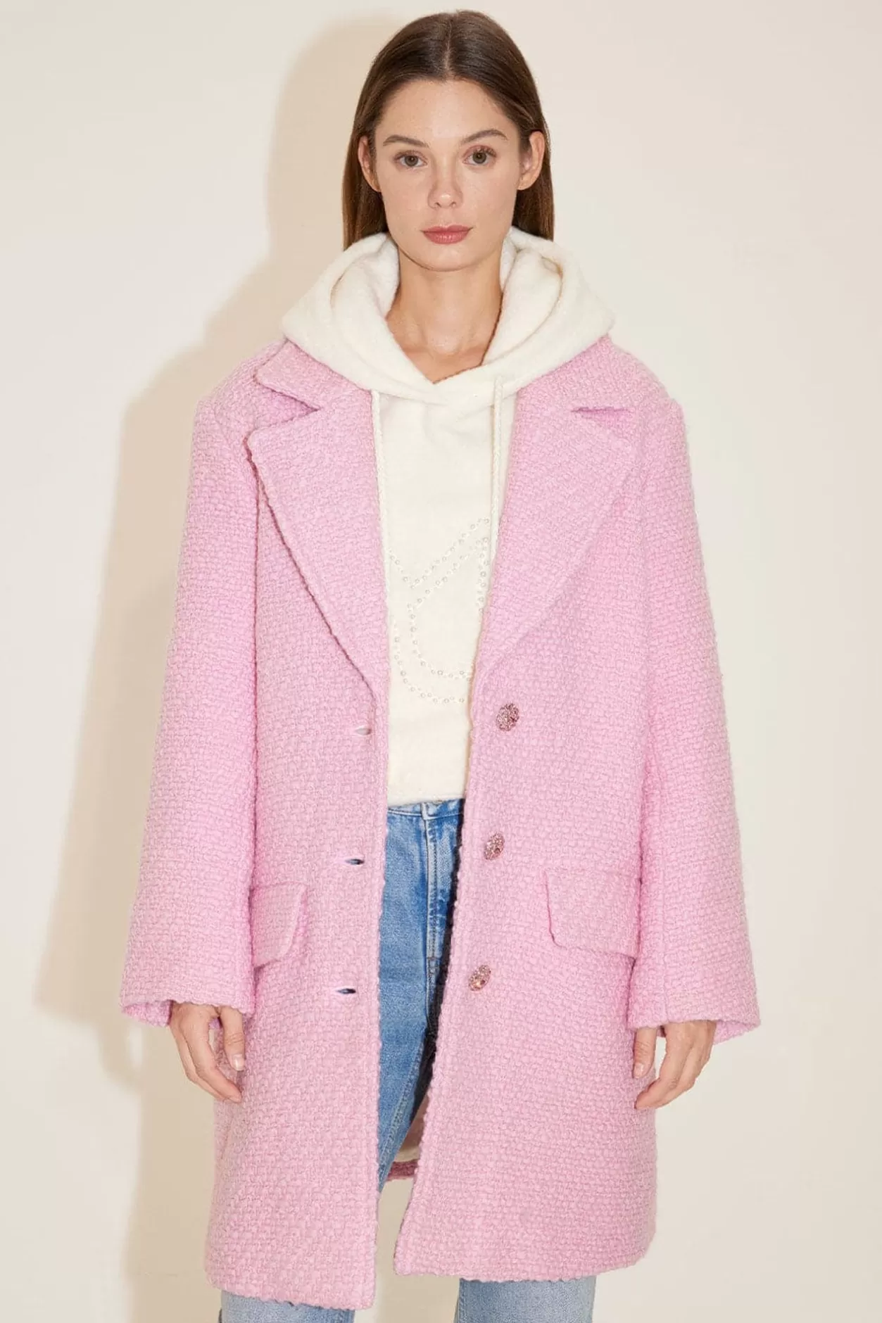 Miss Sixty Woolen Coat With Suit Collar Pink Clearance